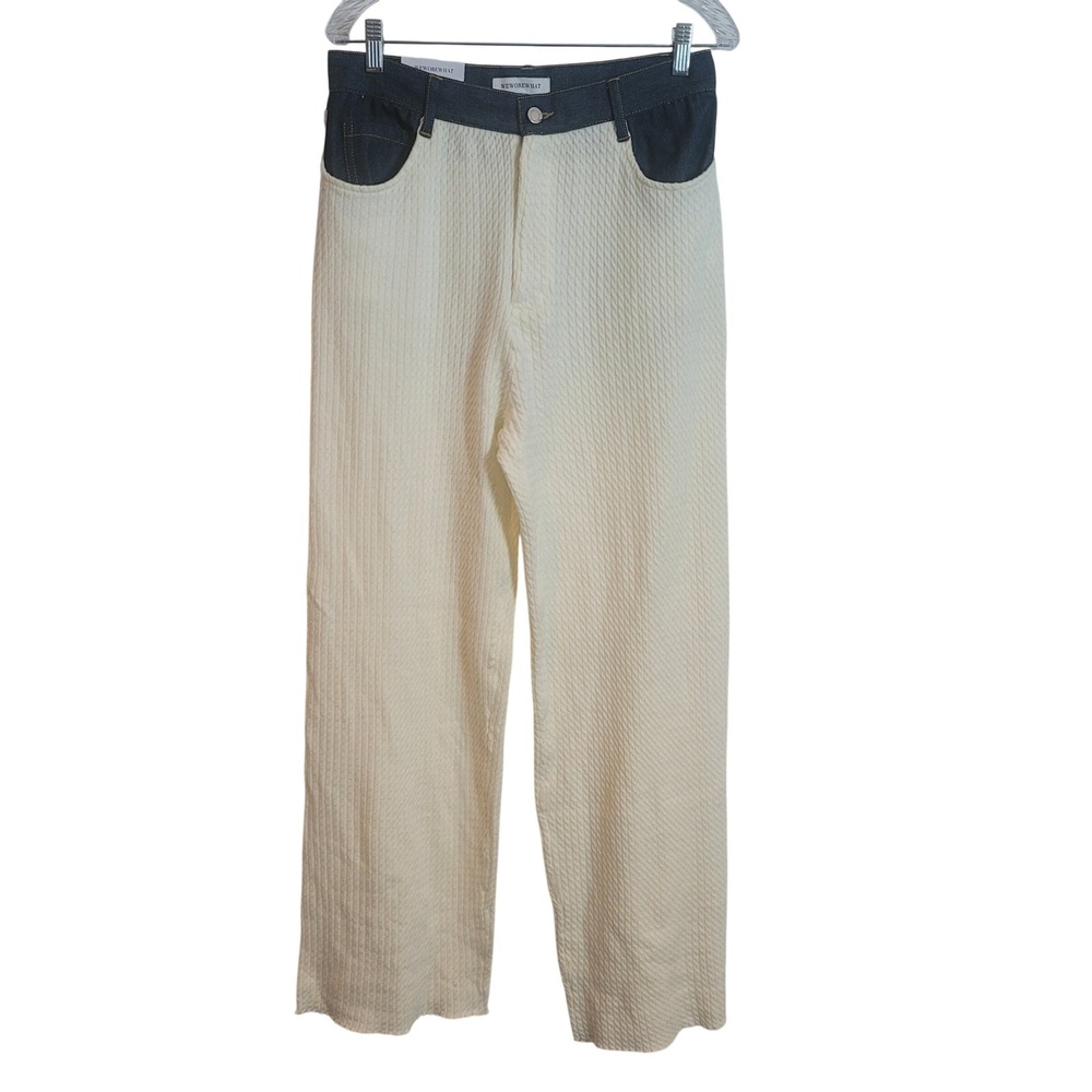 WeWoreWhat High Rise Wide Leg Cable Knit & Denim‎ Pants Cream Blue Size 30 NEW